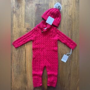 Tahari baby infant red one piece knit sweater romper‎ + hat size 6-9M